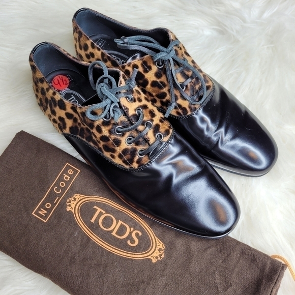 Tod's Leather Calf Hair Leopard Oxford Shoes - Picture 2 of 15